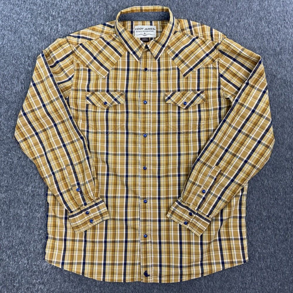Cody James Western Shirt Plaid Snap Button Long Sleeve Yellow Men L Cowboy